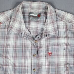 Women's Large Ariat FR Flame Resistant button up long slv gray brown tan plaid